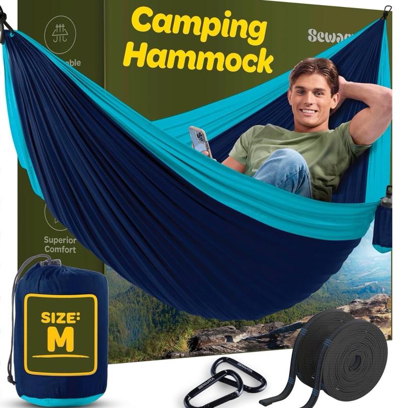 Durable Hammock 400 lb Capacity, Nylon Camping Hammock Chair - Double or Single Sizes w Tree Straps and Attached Carry Bag - Portable for Travel Backpacking Beach Backyard (Medium, Blue & Light Blue)