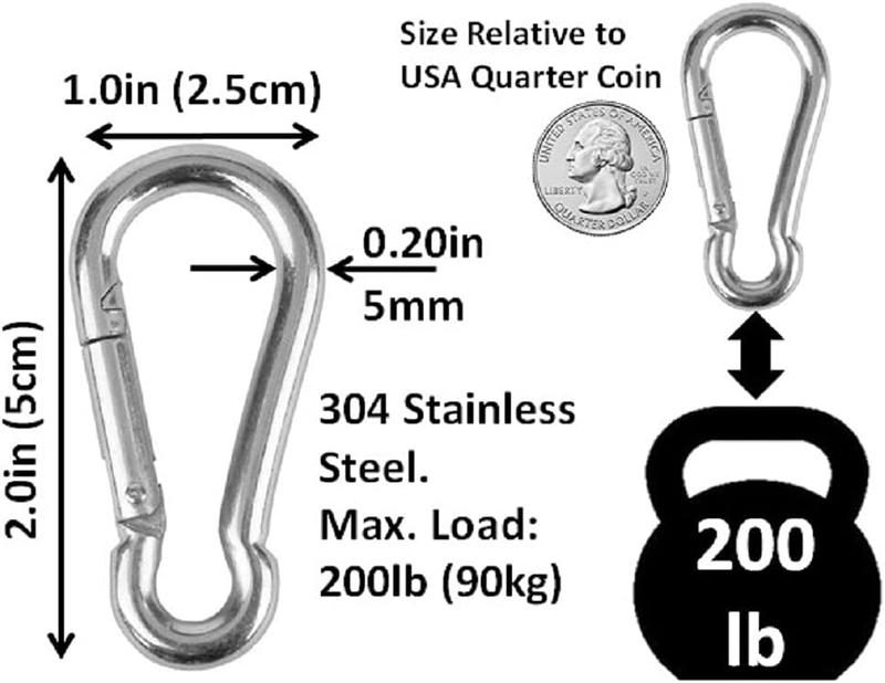 Heavy Duty Bushcraft Stainless Steel Carabiner Spring Snap Clip Link Hooks. 200-500lb Load. 2, 6 & 12 Packs