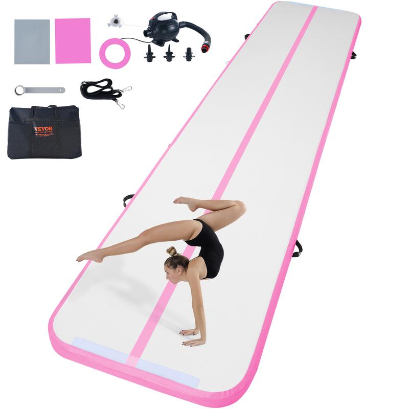 VEVOR Gymnastics Air Mat, 4 inch Thickness Inflatable Gymnastics Tumbling Mat, Tumble Track with Electric Pump, Training Mats for Home Use Gym Yoga Cheerleading Beach Park Water, 16 ft, Pink