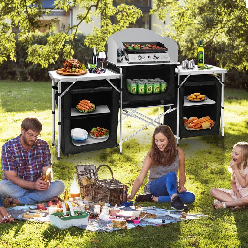 Camping Kitchen Table Aluminum Portable Outdoor Cooking Table Foldable Camp Table with Windscreen and 3 Storage Cupboards Multifunctional for BBQ, Party, Picnics and Outdoor Activities