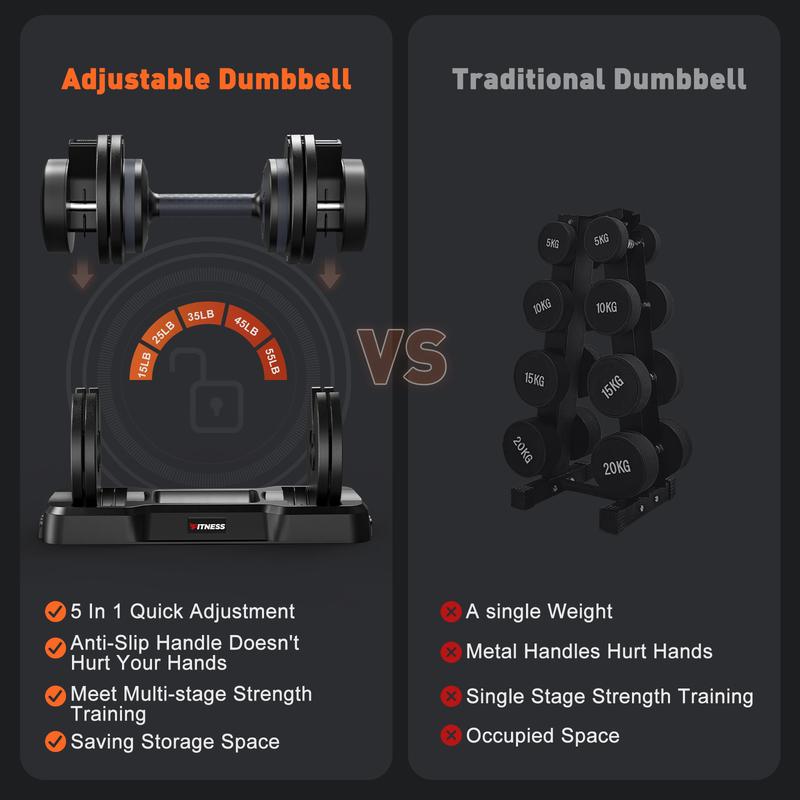 Bearbro 5LB to 55lb Adjustable Dumbbell for Home Gym Equipment, 5 in 1 Quickly Adjustable Weights Plates and Rack, Hand Weights Suitable Women and Men, Full Body Workout Fitness，Gift-giving preference