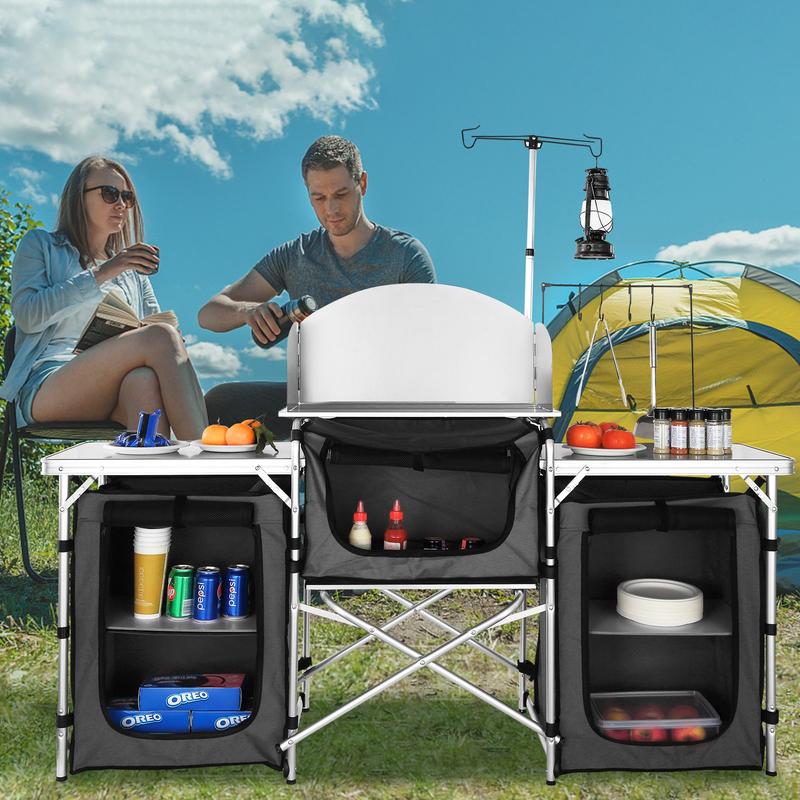 VEVOR Camping Kitchen Table, Folding Outdoor Cooking Table with Storage Carrying Bag, Aluminum Cook Station 3 Cupboard & Detachable Windscreen, Quick Set-up for Picnics, BBQ, RV Traveling