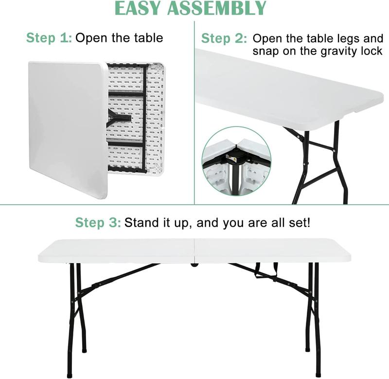 6ft Folding Table Portable Plastic Indoor Outdoor Camping Dining Table with Carrying Handle