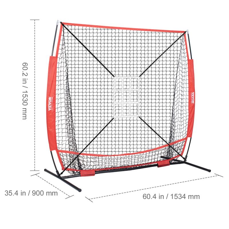 VEVOR 5x5 ft Baseball Softball Practice Net, Portable Baseball Training Net for Hitting Batting Catching Pitching, Backstop Baseball Equipment with Bow Frame, Carry Bag, Strike Zone, Ball, Batting Tee