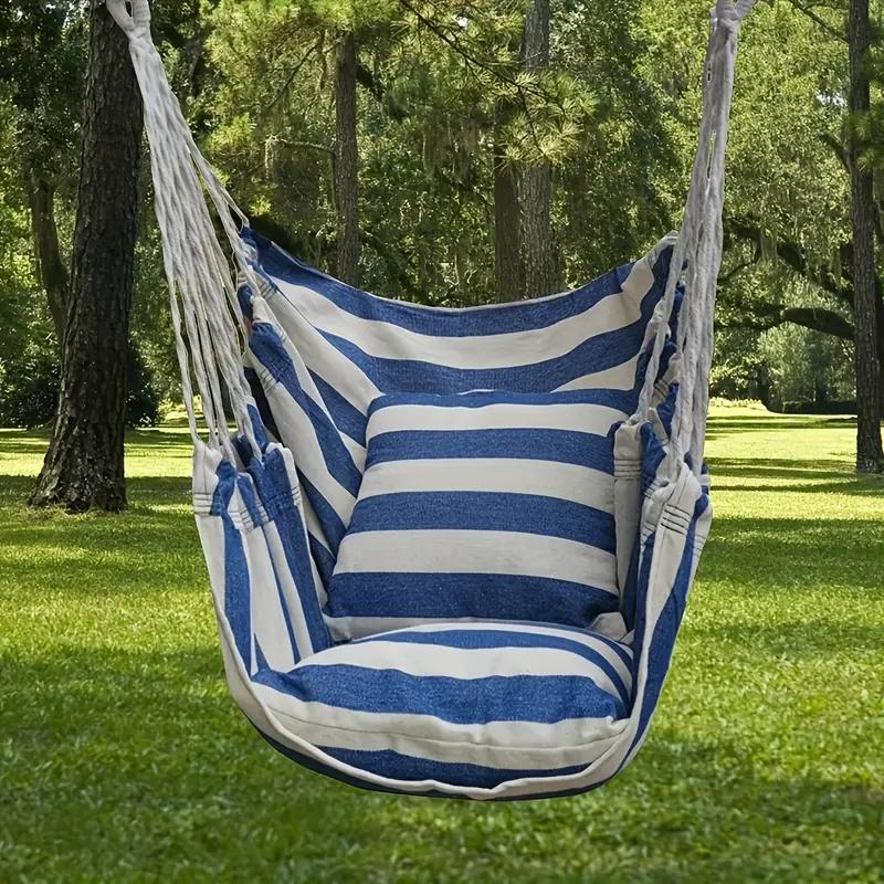 1pc Outdoor Hammock Chair, Canvas Leisure Swing Hanging Chair, With Pillow And Cushion, Indoor Outdoor Hammock, Garden Leisure Furniture Hammocks