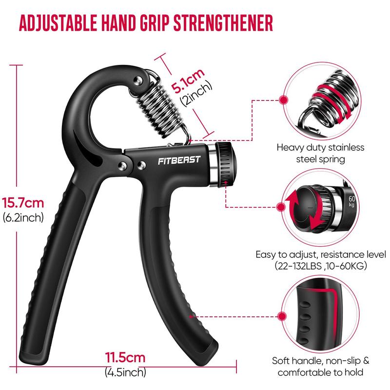 FitBeast Hand Grip Strengthener Workout Kit (5 Pack), 2 Forearm Grip Adjustable Resistance Hand Gripper, Finger Stretcher, Grip Ring & Stress Relief Grip Ball for Athletes