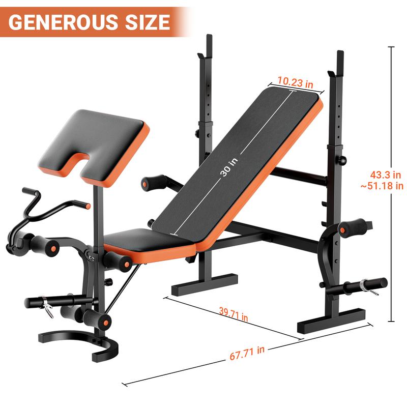  Adjustable Workout Bench with Squat Rack - Full-Body Strength Training with Preacher Curl Pad and Leg Developer