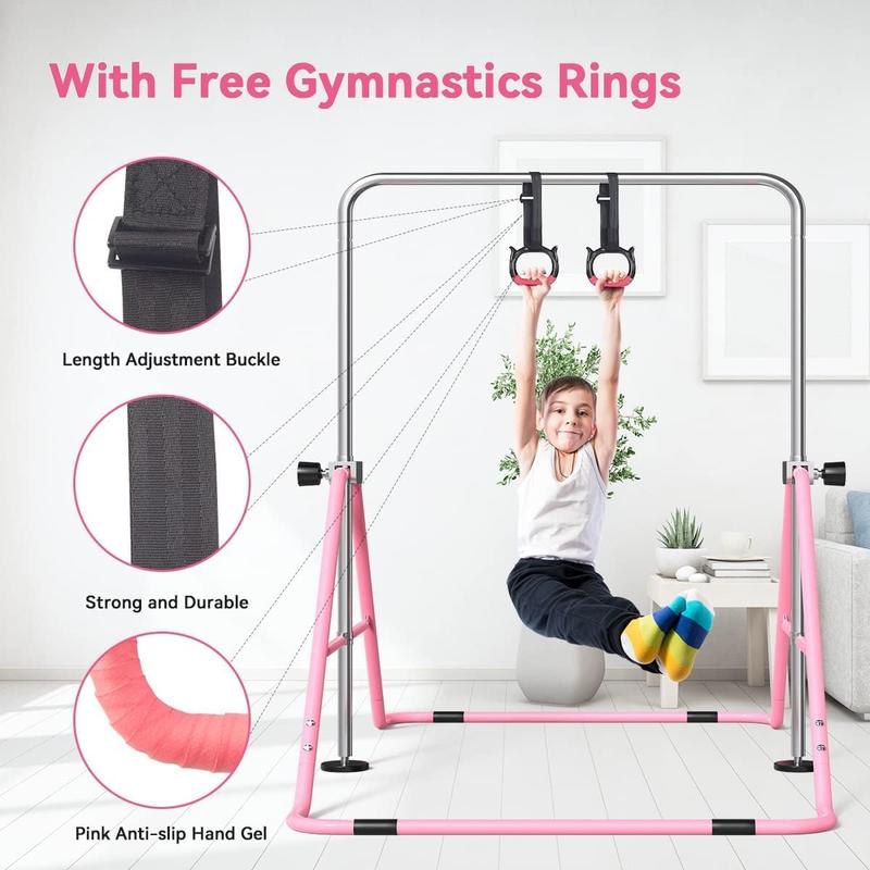 FBsport Gymnastics Bar for Kids with Rings, Adjustable Height Folding Horizontal Bars, Junior Gymnastics Training Monkey Bars for Home Practice Using Adjustable Kids