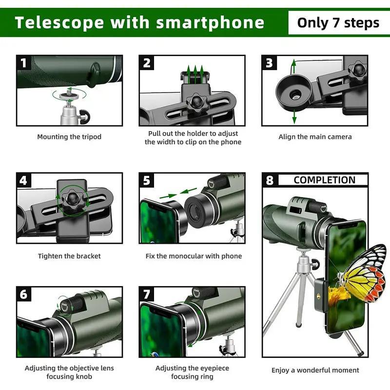 80x100 Monocular Telescope with Phone Clip and Tripod, 1 Set HD Portable Monocular Telescope, Outdoor Equipment for Camping Birding Wildlife Watching, Solo Camping, Bikepacking, Glamping