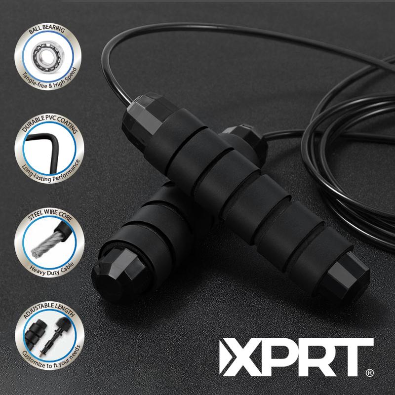 XPRT Professional Jump Rope - Comfortable and Cushioned Handle, 13ft Length, Steel Rope Coated with Durable PU Material, Tangle-Free and High Speed, Black Blue