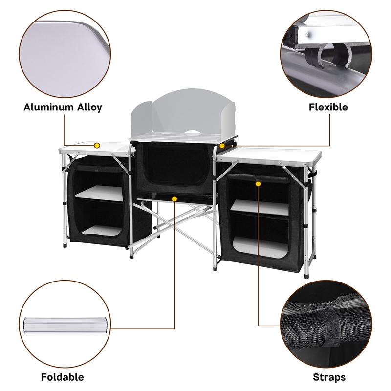 Camping Kitchen Table Aluminum Portable Outdoor Cooking Table Foldable Camp Table with Windscreen and 3 Storage Cupboards Multifunctional for BBQ, Party, Picnics and Outdoor Activities