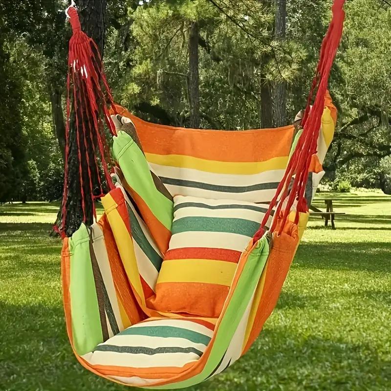 1pc Outdoor Hammock Chair, Canvas Leisure Swing Hanging Chair, With Pillow And Cushion, Indoor Outdoor Hammock, Garden Leisure Furniture Hammocks