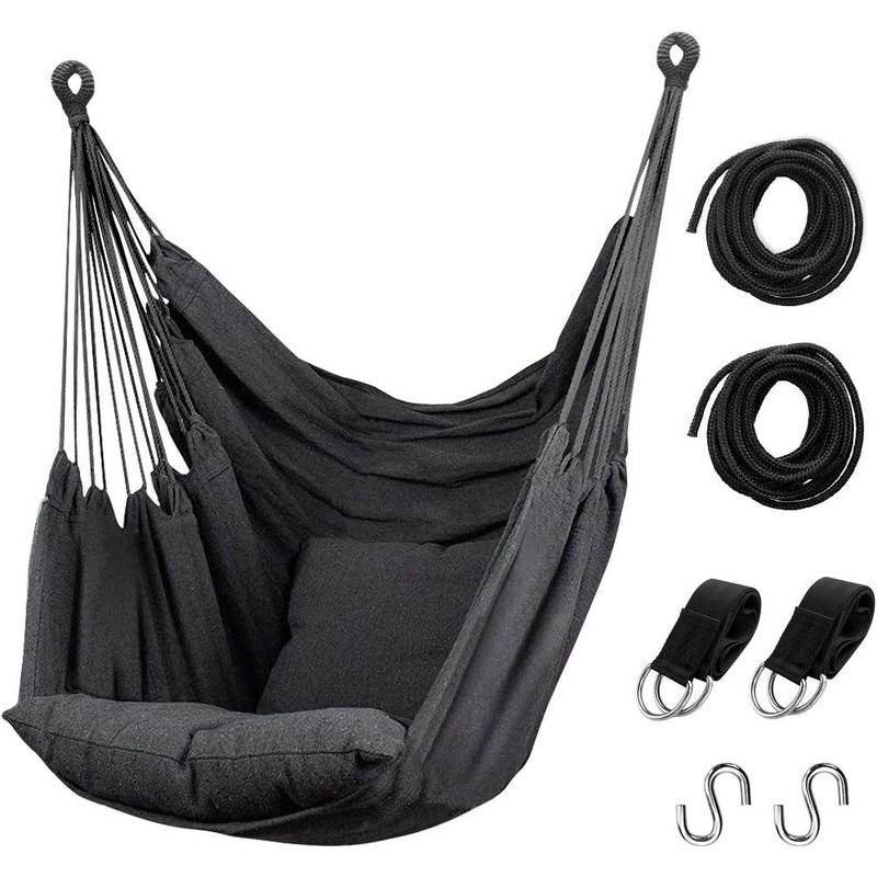 Hammock Chair Hanging Rope Swing, Max 300 Lbs Hanging Chair with Pocket- Quality Cotton Weave for Superior Comfort & Durability Perfect for Outdoor, Home, Bedroom, Patio, Yard (Dark Gray)