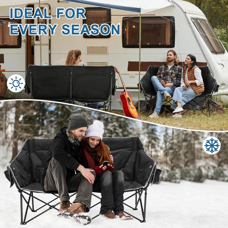 Lilypelle Oversized Heated Double Camping Chair, Folding 2 Person Camping Chair Loveseat,  Fold Up Double Camp Chair, Lawn Chairs, Camping Bench with Carrying Bag