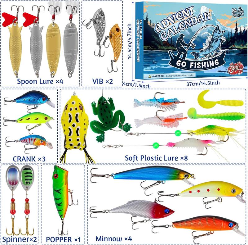 Fishing Advent Calendar 2024 Fishing Lure for Fishing Enthusiasts -24 Days Fishing Lures Set for Fisher Adult Men Teen Boys -2024 Xmas Surprise Gift