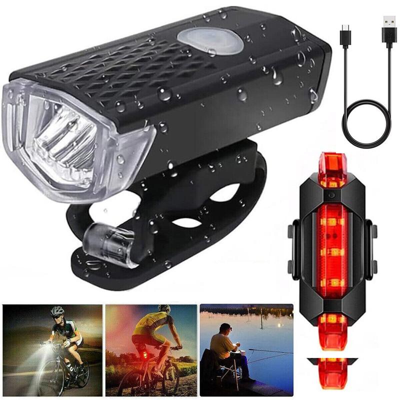 USB Rechargeable LED Bicycle Headlight Bike Front Rear Lamp Light Set Waterproof