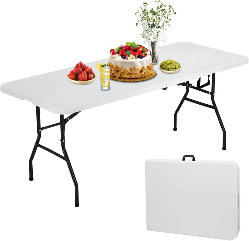 6ft Folding Table Portable Plastic Indoor Outdoor Camping Dining Table with Carrying Handle