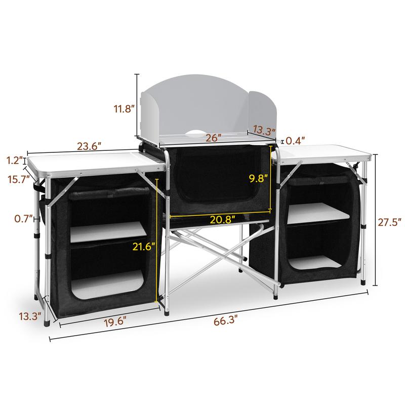 Camping Kitchen Table Aluminum Portable Outdoor Cooking Table Foldable Camp Table with Windscreen and 3 Storage Cupboards Multifunctional for BBQ, Party, Picnics and Outdoor Activities