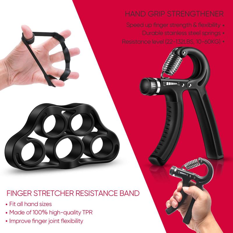 FitBeast Hand Grip Strengthener Workout Kit (5 Pack), 2 Forearm Grip Adjustable Resistance Hand Gripper, Finger Stretcher, Grip Ring & Stress Relief Grip Ball for Athletes