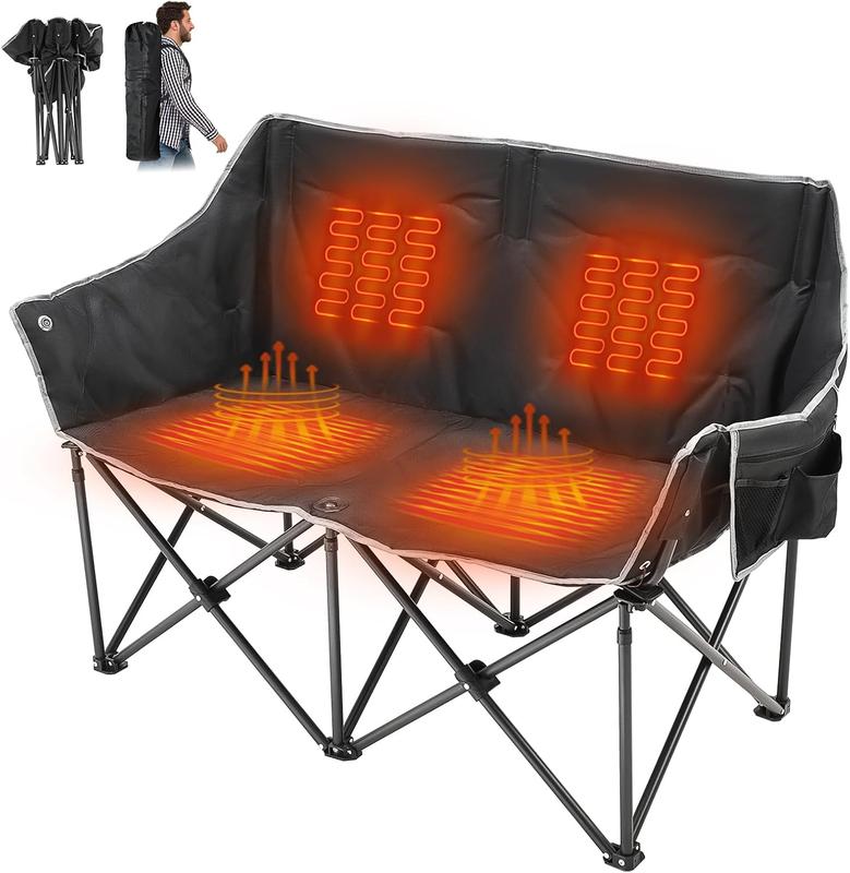 Lilypelle Oversized Heated Double Camping Chair, Folding 2 Person Camping Chair Loveseat,  Fold Up Double Camp Chair, Lawn Chairs, Camping Bench with Carrying Bag