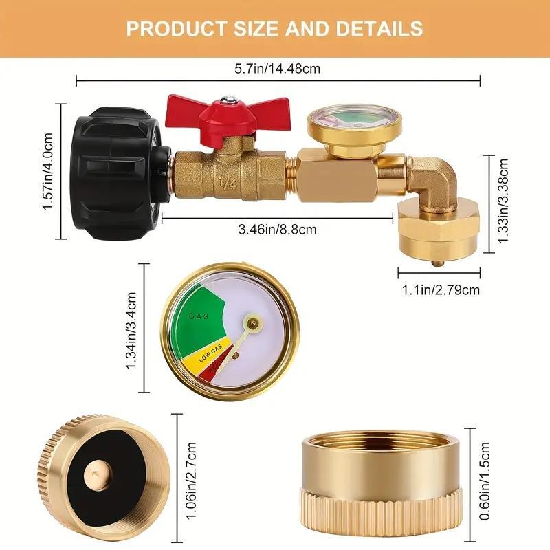 Propane Refill Adapter with Valve & Gauge, Gas Cylinder Filling Connector with Glow in The Dark Meter, Ball Valve Gas Tank Gas Connector