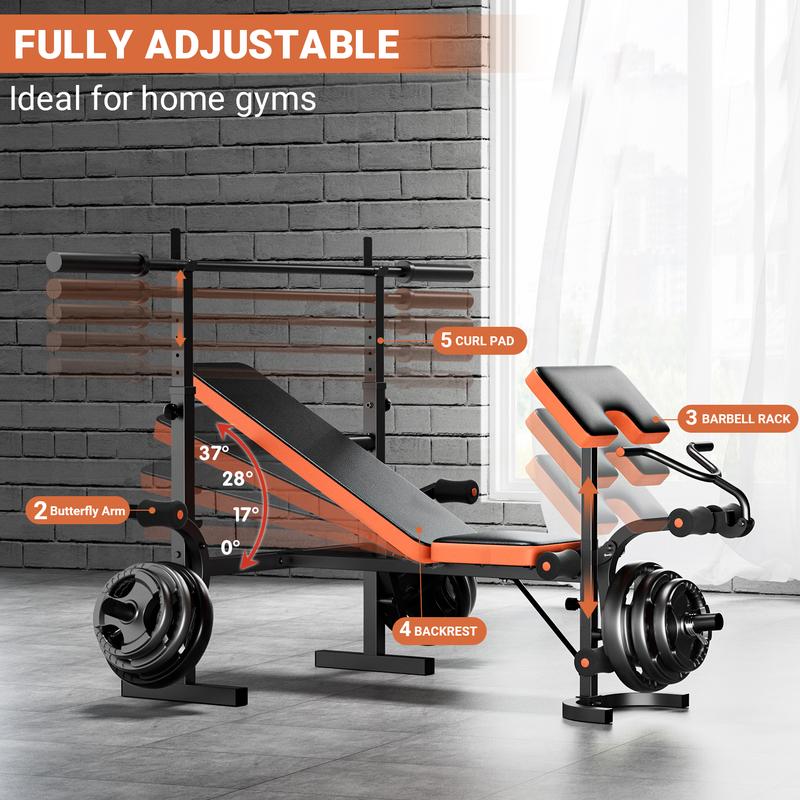  Adjustable Workout Bench with Squat Rack - Full-Body Strength Training with Preacher Curl Pad and Leg Developer