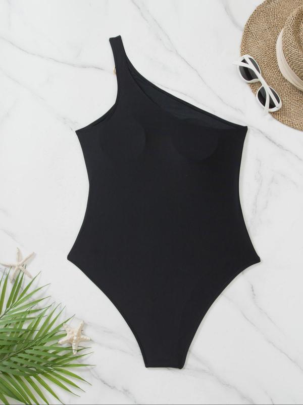 Women's One Shoulder O-ring Detail One-piece Swimsuit, Chic Cut Out Sleeveless One-piece Swimwear for Beach Holiday Vacation, Ladies Summer Clothes