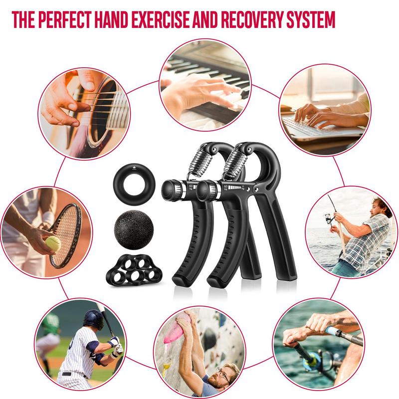 FitBeast Hand Grip Strengthener Workout Kit (5 Pack), 2 Forearm Grip Adjustable Resistance Hand Gripper, Finger Stretcher, Grip Ring & Stress Relief Grip Ball for Athletes