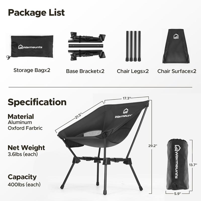 Ultralight Camping Chair Backpacking, Compact Folding Camp Chair w Side Pocket, Portable Camping Chair w Storage Bag for Hiking, Travel, Beach, Fishing, Support 400lbs (2)