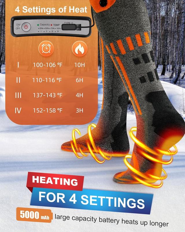 Heated Socks for Women Men, Rechargeable Electric Heated Socks Up to 10 Hours, 4 Temperature Control & 5000mAh 5V Battery - Washable Winter Warm Socks for Hunting Fishing Skiing Camping Outdoor