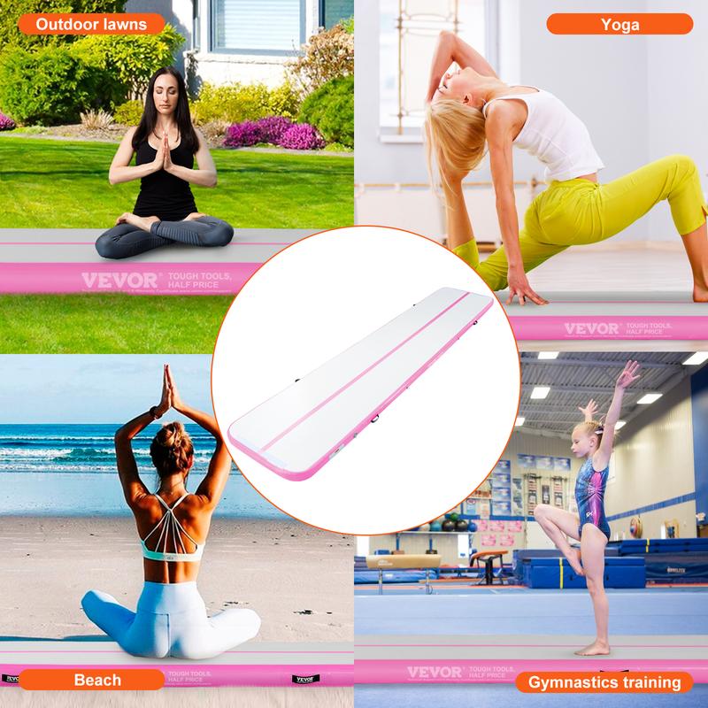 VEVOR Gymnastics Air Mat, 4 inch Thickness Inflatable Gymnastics Tumbling Mat, Tumble Track with Electric Pump, Training Mats for Home Use Gym Yoga Cheerleading Beach Park Water, 16 ft, Pink