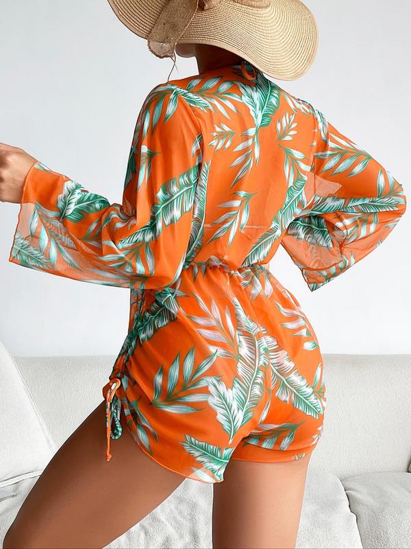 Three-Piece Set Women's Tropical Print Bikini Set, Halter Neck Tie Back Triangle Bra with Removable Pads Design & Drawstring Side High Waist Romper & High Cut Swim Panty Swimsuit Sets, Summer Outfits, Bathing Suits 2024, Women's Swimwear