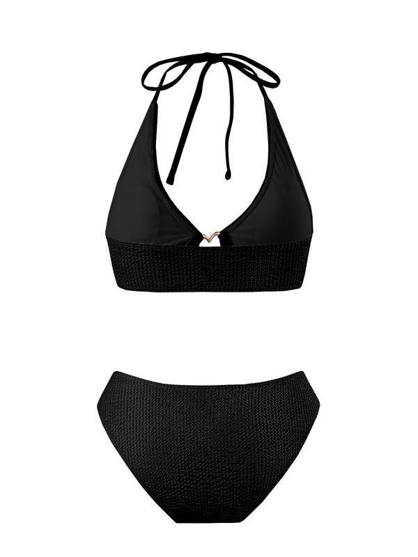 Women's Rhinestones Heart Decor Tie Back Bikini Set, Halter Wireless Swim Top & High Cut Swim Bottom, Ladies Summer Swimwear for Beach Holiday Vacation