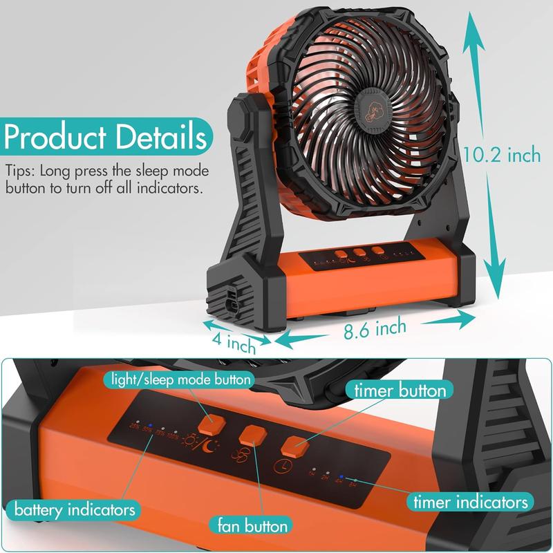 Camping Fan with LED Lantern, 10000mAh Rechargeable  Operated Outdoor Tent Fan with Light & Hook, 270? Pivot, 3 Speeds, Personal USB Desk Fan for Camping, Power Outage, Hurricane, Jobsite