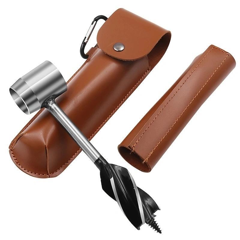 Survival Wrench with PU Leather Storage Bag, Manual Wood Auger Wrench, Scotch Eye Wood Auger Drill Bit, Multifunctional Hand Survival Punch Tool