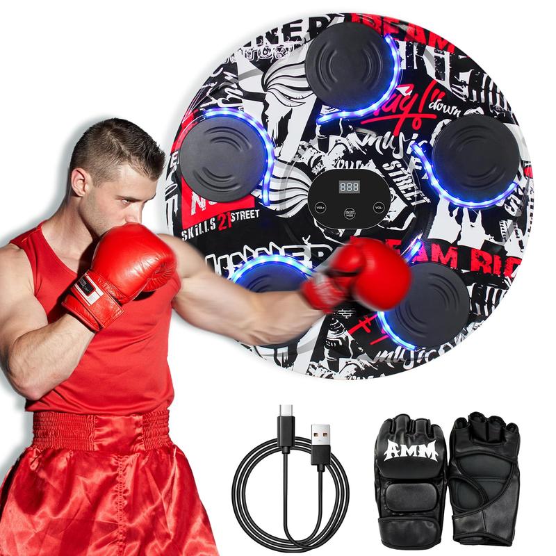 Music Boxing Machine Wall, Indoor Workout Music Boxing Three-Piece Set with 4 Gloves, Smart Boxing Machine Wall-Mounted for Parent-Child Training, Musical Punching with LED and Bluetooth