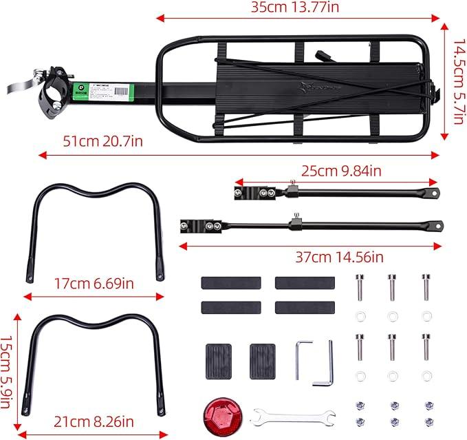 ROCKBROS Rear Bike Rack Bike Cargo Rack Adjustable Bicycle Luggage Carrier Rack Rear Quick Release Mountain Bike Pannier Rack with Elastic Band and Reflector, Most 165 lbs Capacity