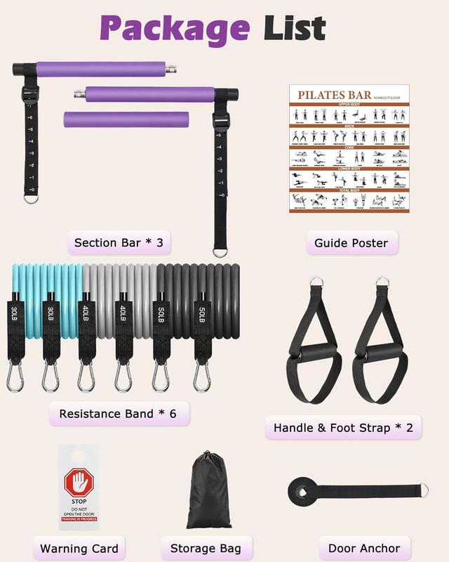 Pilates Bar Kit with Resistance Bands, Adjustable Strap, Door Anchor, Handles and Foot Strap