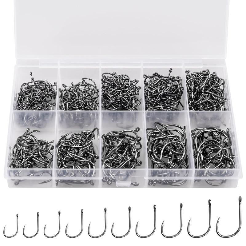 Premium Fishing Hooks, 10 Sizes 4 Sizes Carbon Steel Fishing Hooks W Portable Plastic Box, Strong Sharp Fish Hook with Barbs for Freshwater Seawater