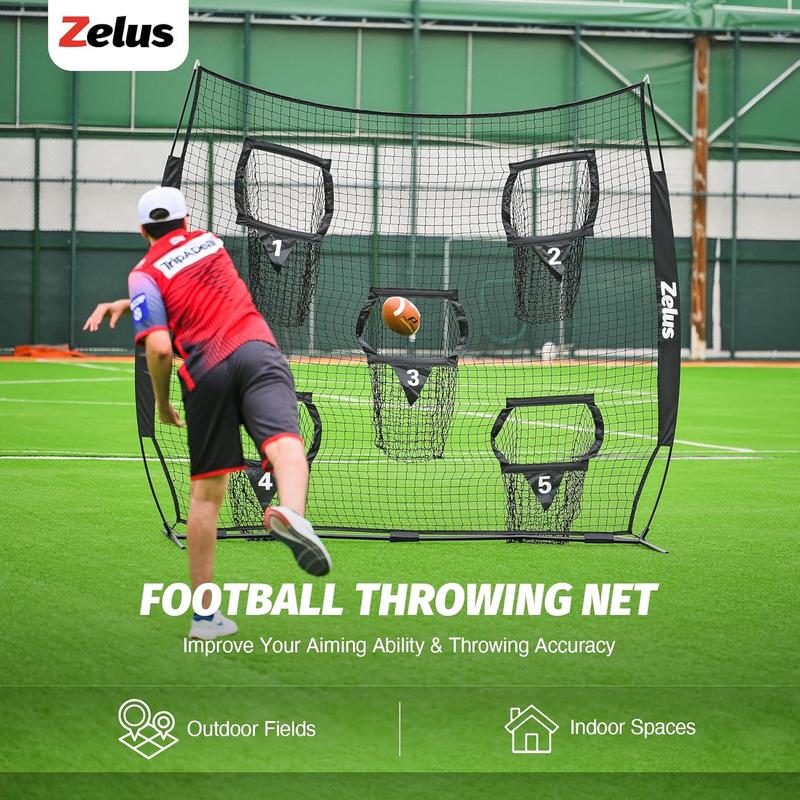 ZELUS Football Throwing Net, Quarterback Training Equipment with 5 Target Pockets, Football Practice Throwing Passing Accuracy Trainer with Carry Bag Ground Stakes for Kids Adults