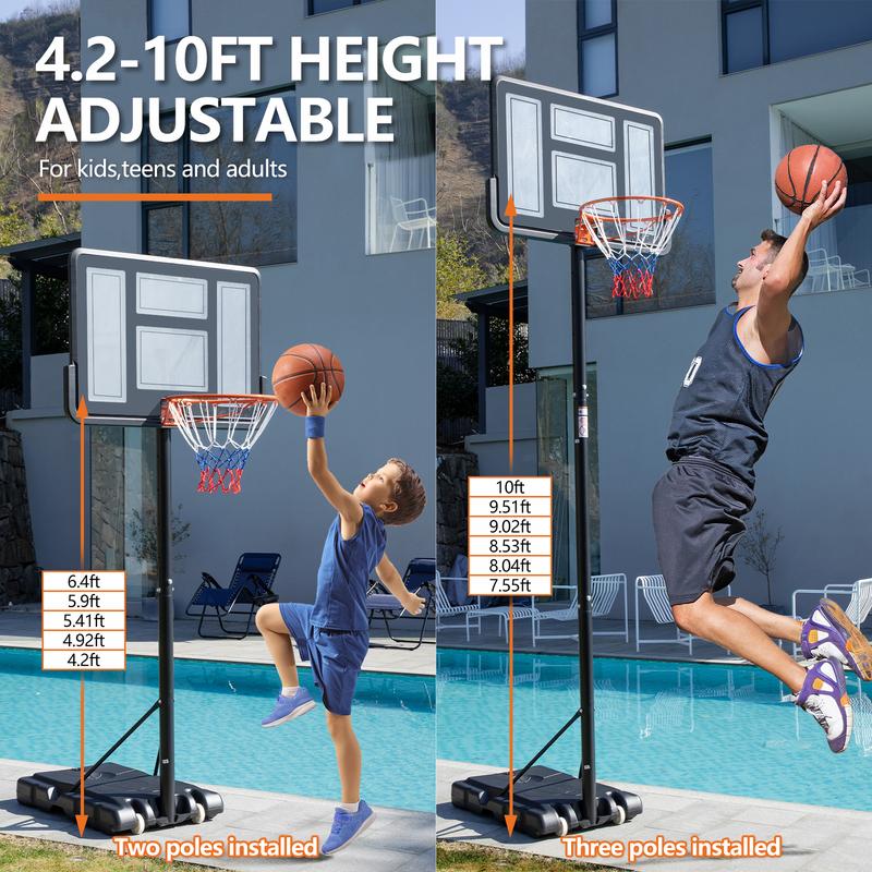 Sweet Furniture S - Basketball Hoop Outdoor 4.2-10ft Adjustable Height, Portable Basketball Hoop Goal Court System for People of All Ages 44 Inch Shatterproof Backboard, Shock Absorbent Rim, Fillable Base 2 Wheels