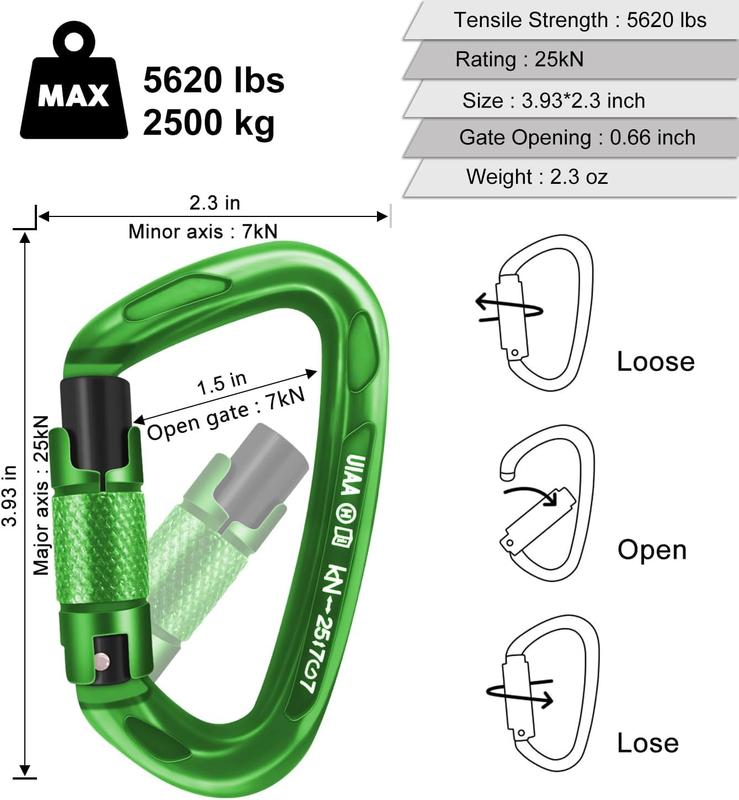 UIAA Certified Professional Heavy Duty Large Locking Carabiner Clips Climbing Carabiner 25kN Auto Locking Carabiner for Rock Ice Climbing Rappelling Rescue Swing etc, D Shaped