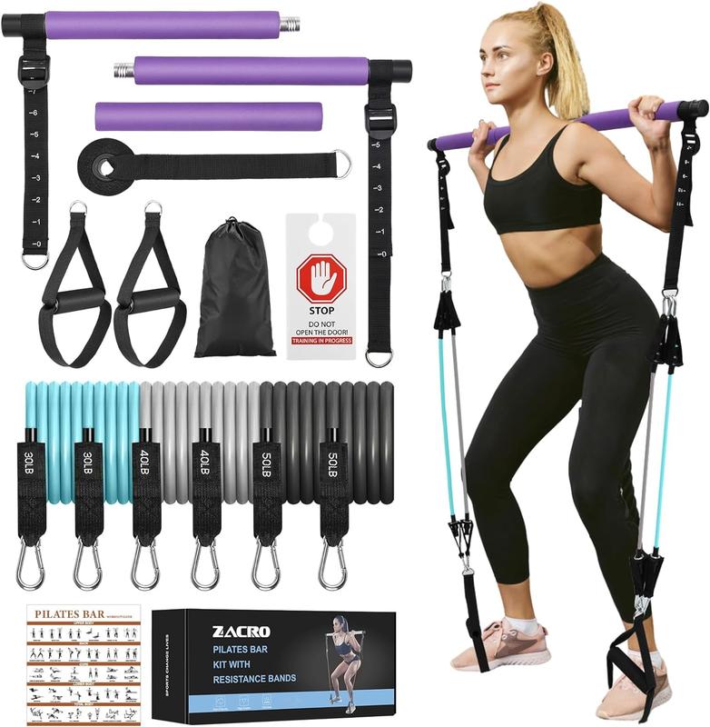 Pilates Bar Kit with Resistance Bands, Adjustable Strap, Door Anchor, Handles and Foot Strap