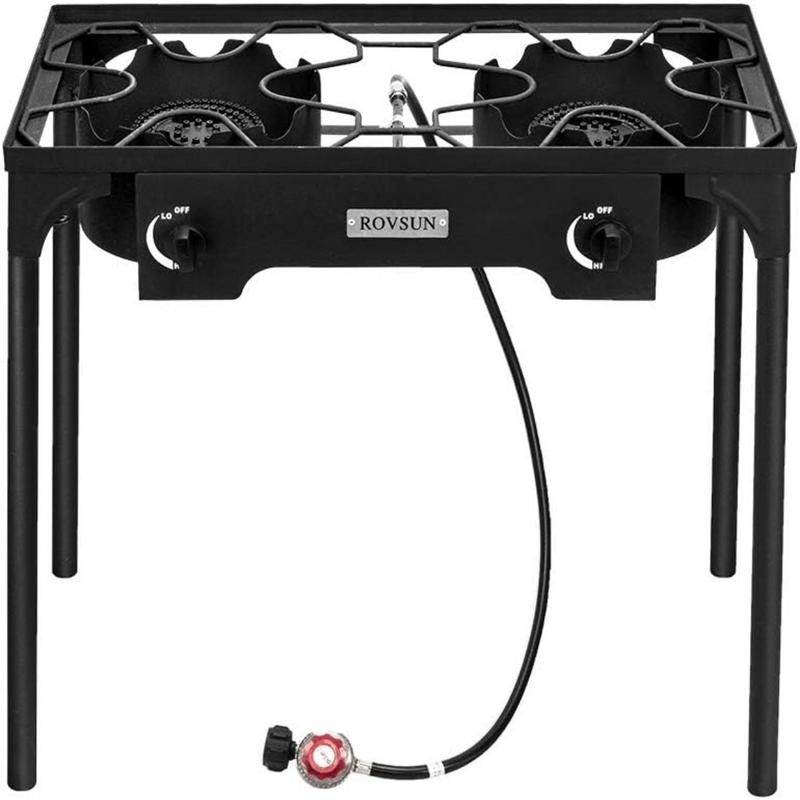 2 Burner Outdoor Portable Propane Stove Gas Cooker, Heavy Duty Iron Cast Patio Burner with Detachable Stand Legs for Camp Cooking (2-Burner 150,000-BTU)