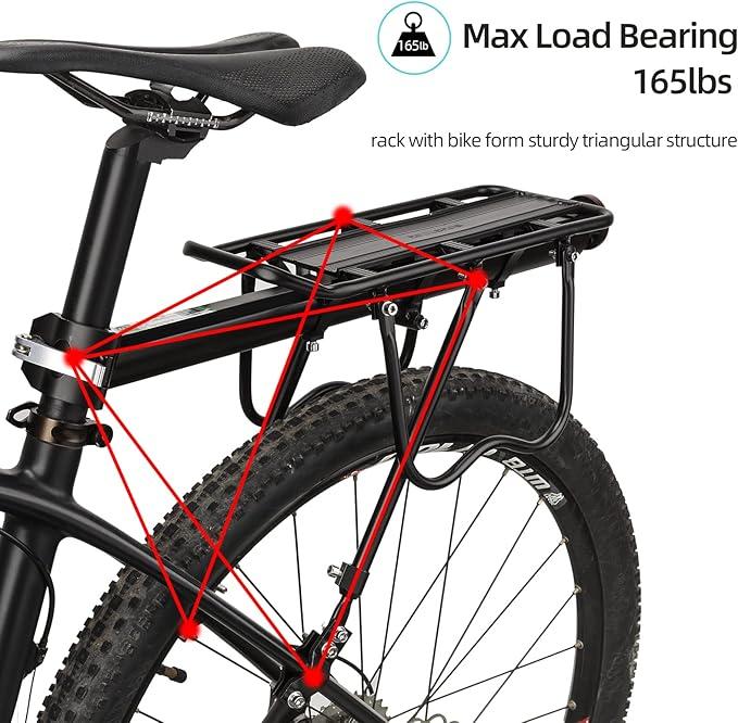 ROCKBROS Rear Bike Rack Bike Cargo Rack Adjustable Bicycle Luggage Carrier Rack Rear Quick Release Mountain Bike Pannier Rack with Elastic Band and Reflector, Most 165 lbs Capacity