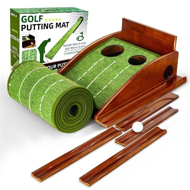 Golf Putting mat Green Indoor and Outdoor with Auto Ball Return,Game Practice Golf Gifts for Home, Office, Backyard Indoor Golf and Outdoor Use, Crystal Velvet Mat and Solid Wood Base