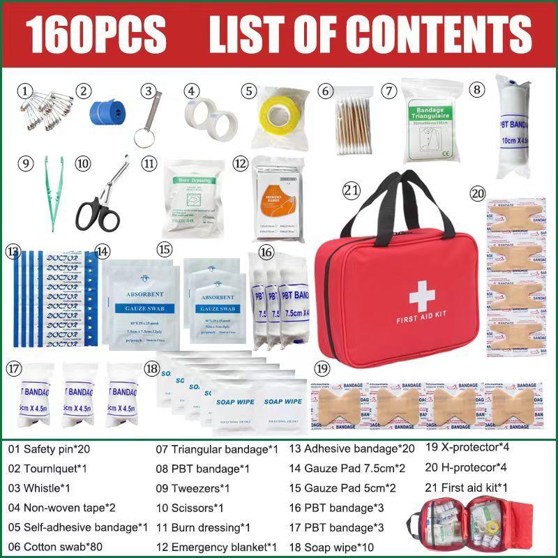 Portable Emergency Kit, 160pcs set Outdoor First Aid Kit, Emergency Supplies and Accessories for Hunting, Hiking, Camping