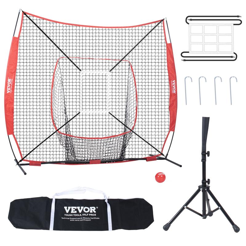 VEVOR 7x7 ft Baseball Softball Practice Net, Portable Baseball Training Net for Hitting Batting Catching Pitching, Backstop Baseball Equipment with Bow Frame, Carry Bag, Strike Zone, Ball, Batting Tee