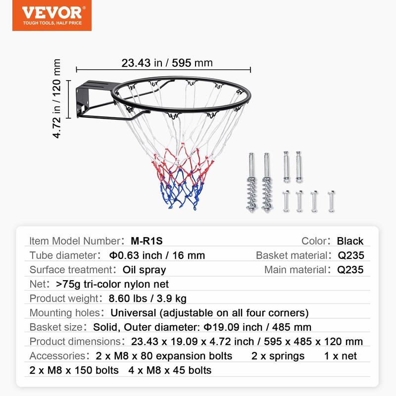 VEVOR Basketball Rim, Wall Door Mounted Basketball Hoop, Heavy Duty Q235 Basketball Flex Rim Goal Replacement with Net and Double Spring, Standard 18