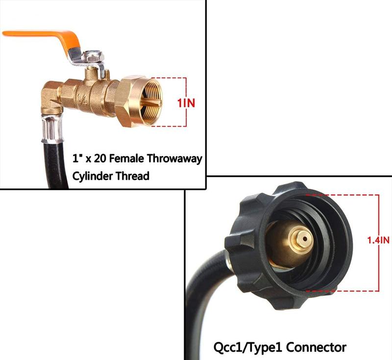 Propane Refill Adapter Hose for 1 lb. Camping Bottles and 20-50 lb. Propane Tanks with QCC1 Type1 Connector and 3FT Rubber Hose